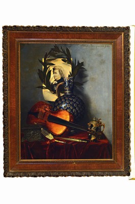 26723274k - Albert Bruchmann, artist around 1900, still life of historicism, with drawing of Mozart ina laurel wreath, Westerwald Bartmann jug, violin and two vessels, varied description of the surfaces, oil/wood, signed and dated 1901 at the top left, 61x50 cm, frame 75x63 cm