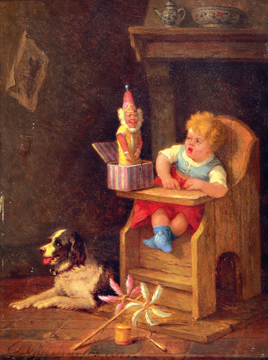 Joseph Gyselinckx, 1817-1884 Belgien, Kleinkind im Kinderstuhl erschrickt vor einem Schachtelteufel, öl/Holzplatte, verso bez. und datiert ...