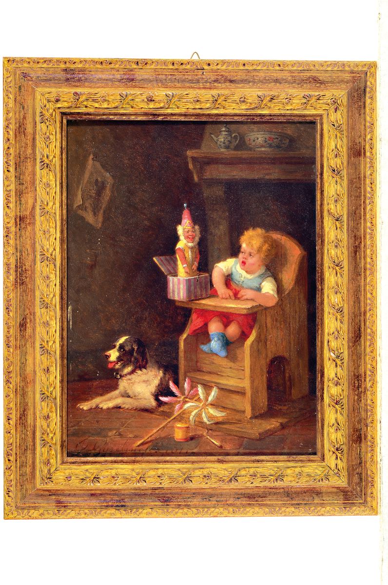 Detail k: Joseph Gyselinckx, 1817-1884 Belgien, Kleinkind im Kinderstuhl erschrickt vor einem Schachtelteufel, öl/Holzplatte, verso bez. und datiert ...