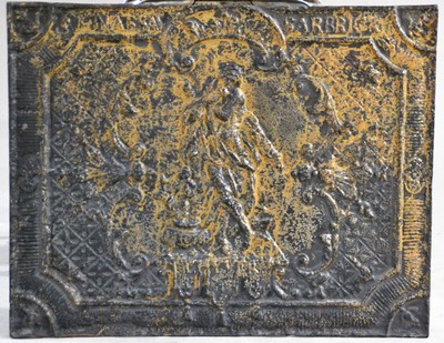 Image 26723314 - Fireplace/stove plate, allegory of winter, Halberghütte, Saarbrücken around 1735, symbolic figure of winter, an old man warming himself by a fire, inscription: Ft. Nassau- Sarbric L'Hiver", fitted into landscape formatin rococo style, approx. 55 x 69 cm, approx. 28 kg