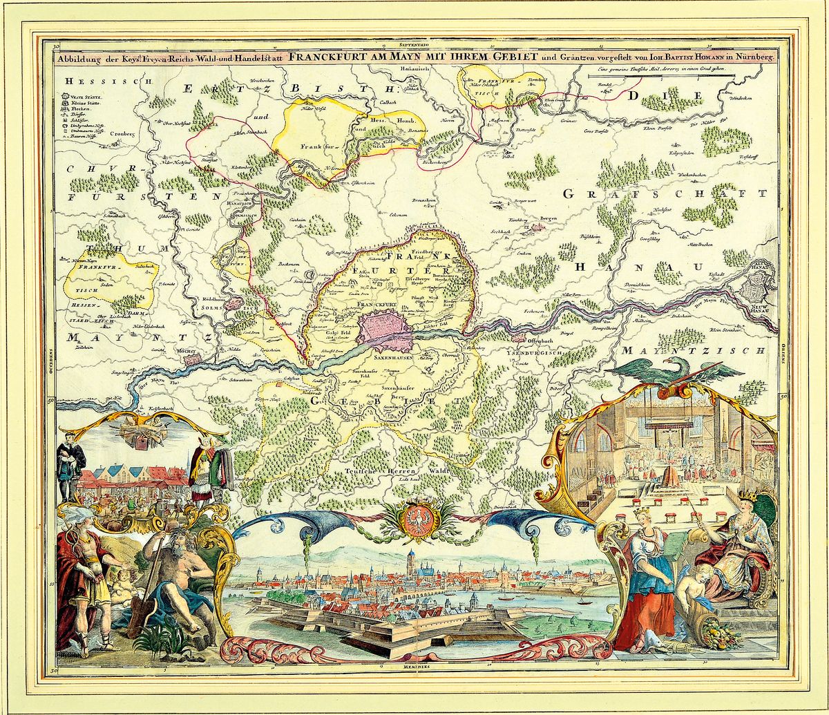 Kupferstichkarte Frankfurt "Abbildung der Keys. Freyen-Reichs-Wahl-und-Handelstatt Franckfurt am Mayn mit ihrem Gebiet", 18.Jh. , ...