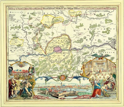 Image 26723467 - Copper engraved map of Frankfurt #"Illustration of the Keys. Freyen-Reich- Election-and-Trading-place of Franckfurt am Mayn with its area#", 18th century. , colored,center fold, l. browned, floor plan and brochures of the Frankfurt area, age-related, framed under glass 70x78 cm