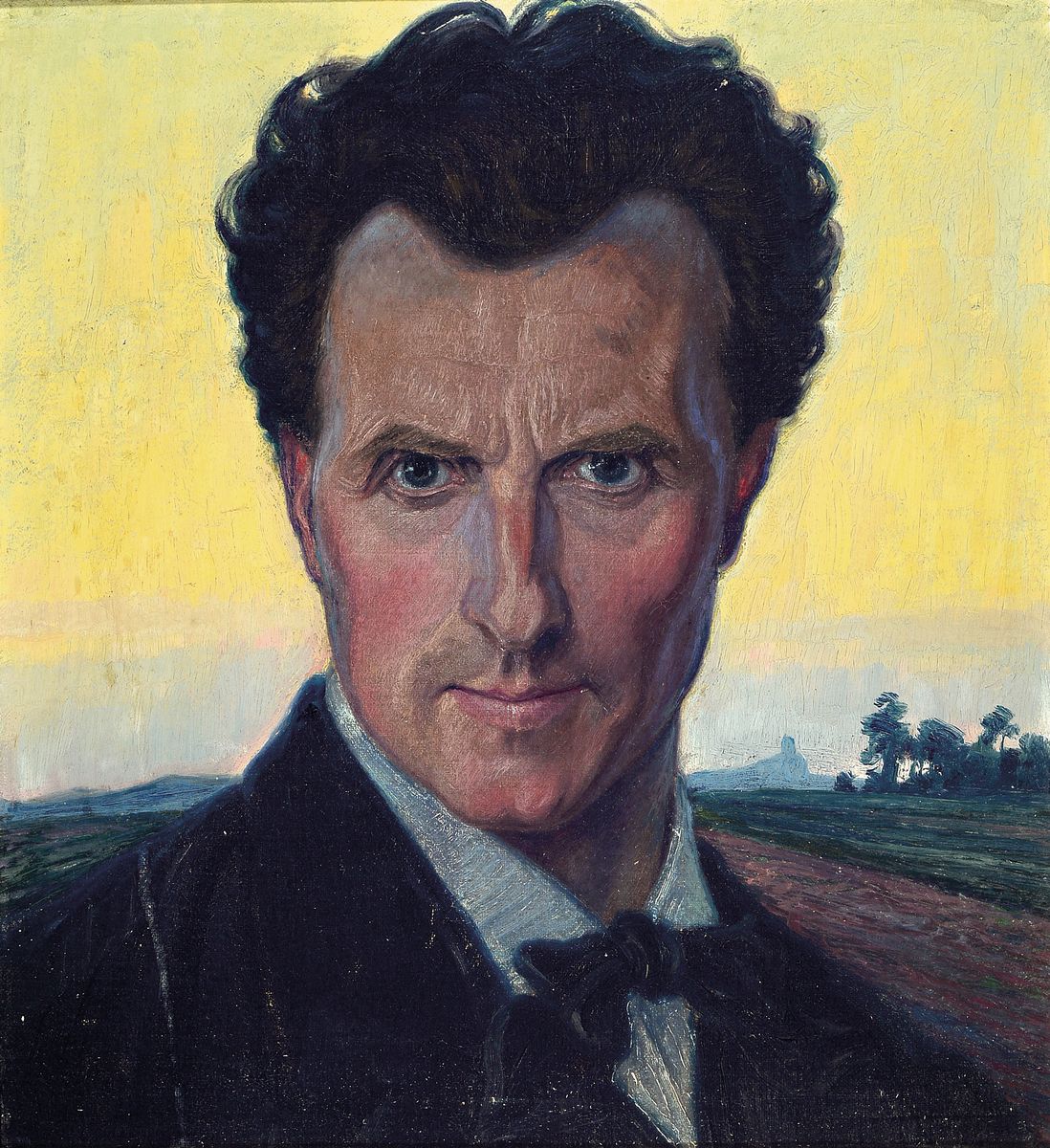 Unbekannter Künstler, wohl Albert Haueisen (1872 Stuttgart-1954 Kandel), 2 Pendants, Herren- und Damenporträt, Herrenbildnis vor Kulturlandschaft, ...