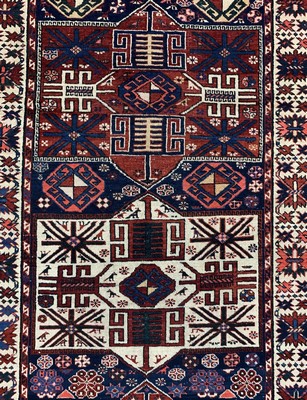 26723538c - Baku-Shirvan antique, Caucasus, around 1900, wool on wool, approx. 246 x 136 cm, condition:3 (rest restored). A rare and museum specimen.see Azerbaijani - Caucasian carpets collectionUlmke Switzerland 2001 page 390 picture 115literature Kerimov iii fig 56 page 78. Antique, old and decorative collector Orientalrugs, Carpets, Textiles and Flatweaves