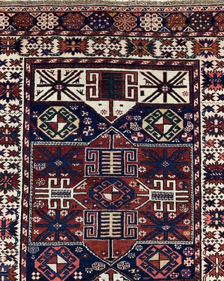 26723538d - Baku-Shirvan antique, Caucasus, around 1900, wool on wool, approx. 246 x 136 cm, condition:3 (rest restored). A rare and museum specimen.see Azerbaijani - Caucasian carpets collectionUlmke Switzerland 2001 page 390 picture 115literature Kerimov iii fig 56 page 78. Antique, old and decorative collector Orientalrugs, Carpets, Textiles and Flatweaves