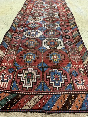 26723579f - Moghan-Gandje antique, Caucasus, dated 1314 (1891), wool on wool, approx. 267 x 102 cm, condition: 3 restored. see Oriental Carpets Battenberg Volume 1 from 1979 page 191 picture158. Antique, old and decorative collector Orientalrugs, Carpets, Textiles and Flatweaves