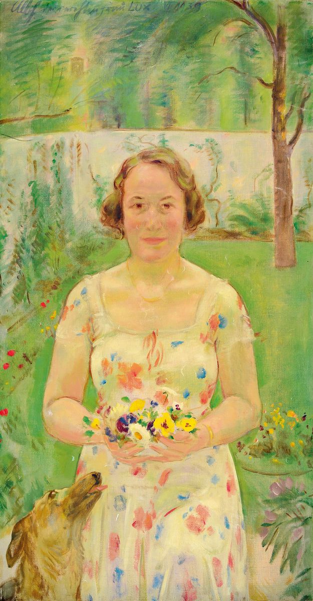 Albert Haueisen, 1872 Stuttgart-1954 Kandel, Porträt der Frau Lux im Garten mit Blumen in der Hand, seitlich ein Hund, Öl/Lwd, rest., l. ...