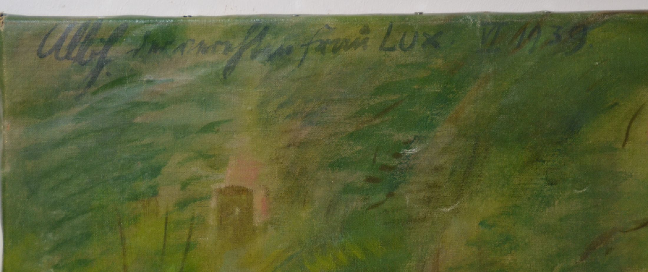Detail b: Albert Haueisen, 1872 Stuttgart-1954 Kandel, Porträt der Frau Lux im Garten mit Blumen in der Hand, seitlich ein Hund, Öl/Lwd, rest., l. ...