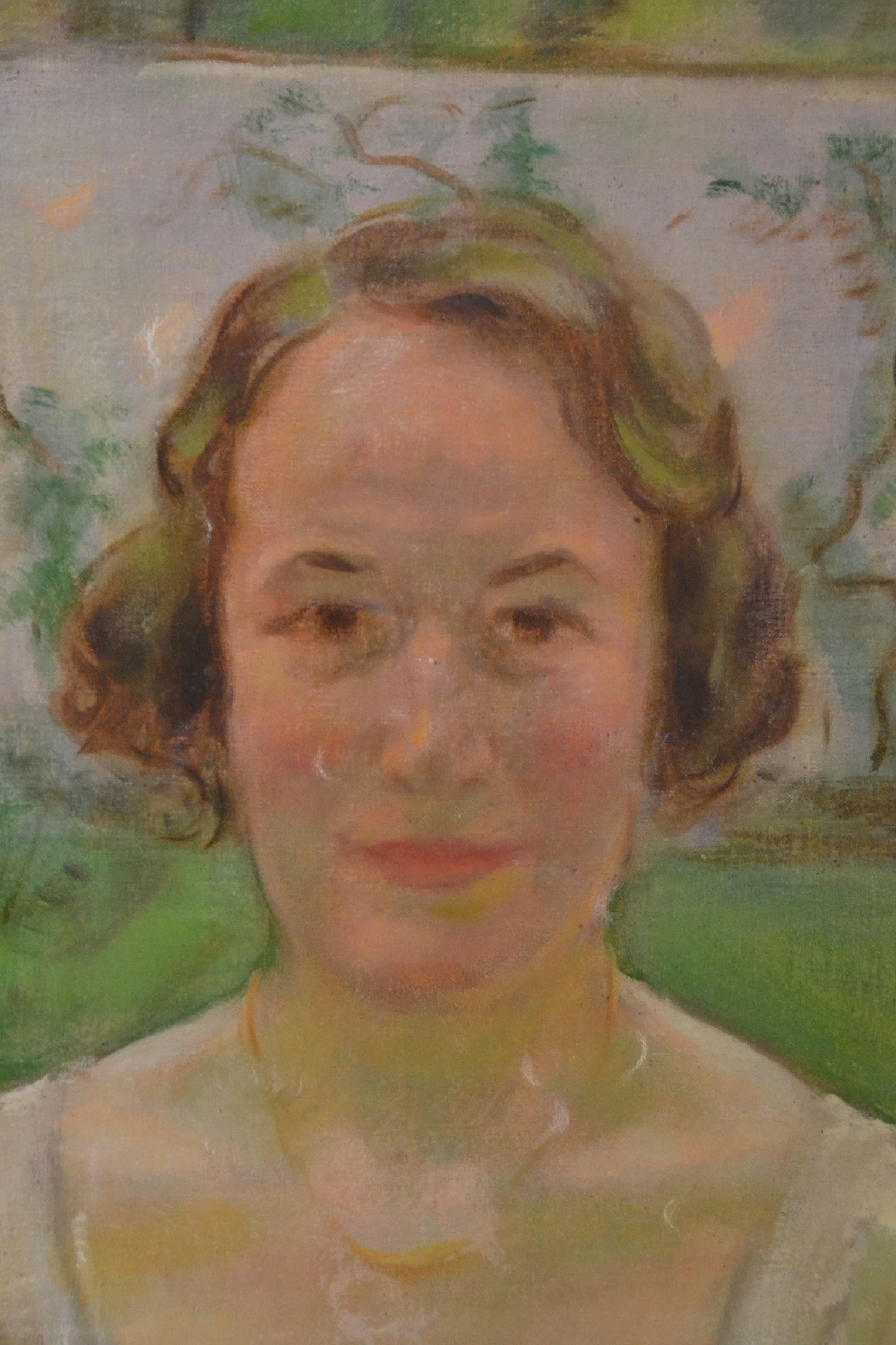 Detail c: Albert Haueisen, 1872 Stuttgart-1954 Kandel, Porträt der Frau Lux im Garten mit Blumen in der Hand, seitlich ein Hund, Öl/Lwd, rest., l. ...