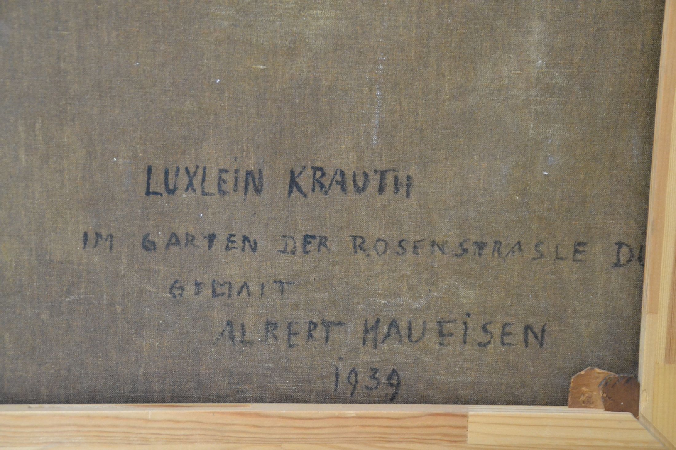 Detail e: Albert Haueisen, 1872 Stuttgart-1954 Kandel, Porträt der Frau Lux im Garten mit Blumen in der Hand, seitlich ein Hund, Öl/Lwd, rest., l. ...