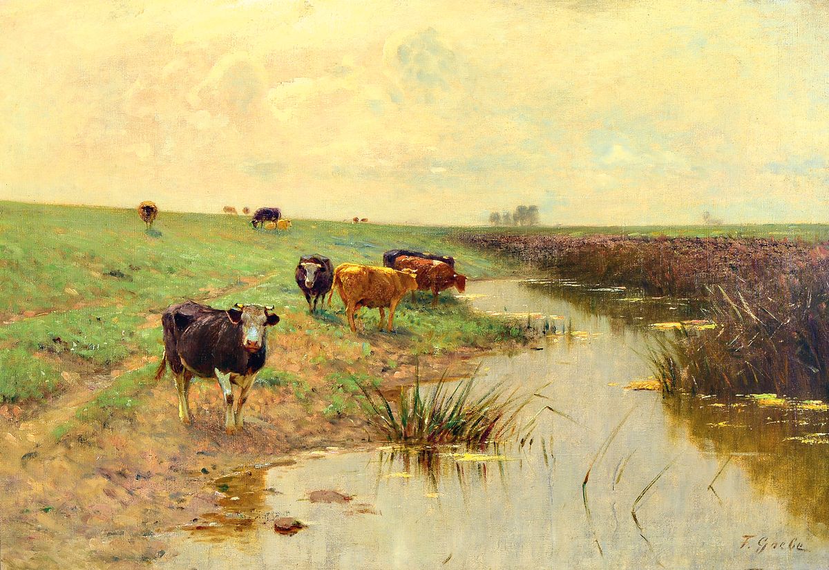 Fritz Grebe, 1850 Heisebeck - 1924 Düsseldorf, Bodenlandschaft mit Kühen, rechts unten zweimal signiert, ÖL/Lwd, Keilrahmen erneuert 55x80, ...