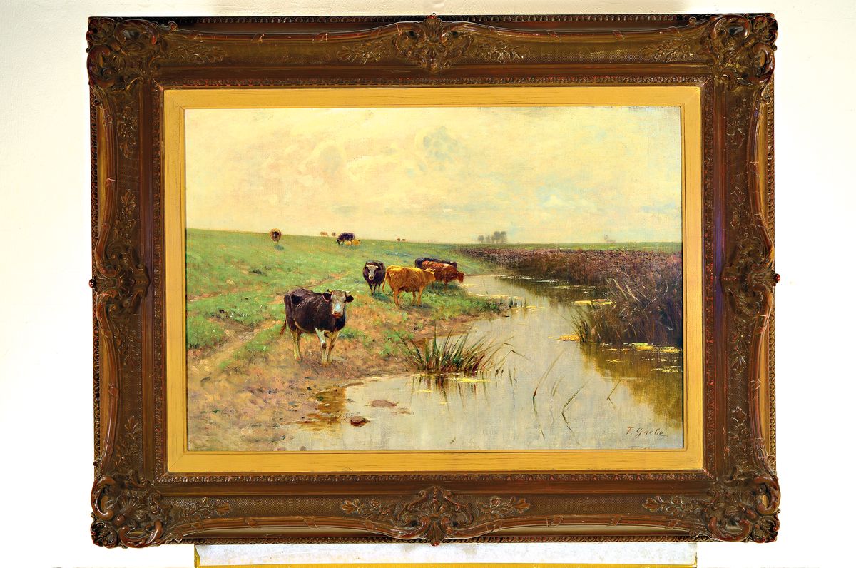 Detail k: Fritz Grebe, 1850 Heisebeck - 1924 Düsseldorf, Bodenlandschaft mit Kühen, rechts unten zweimal signiert, ÖL/Lwd, Keilrahmen erneuert 55x80, ...