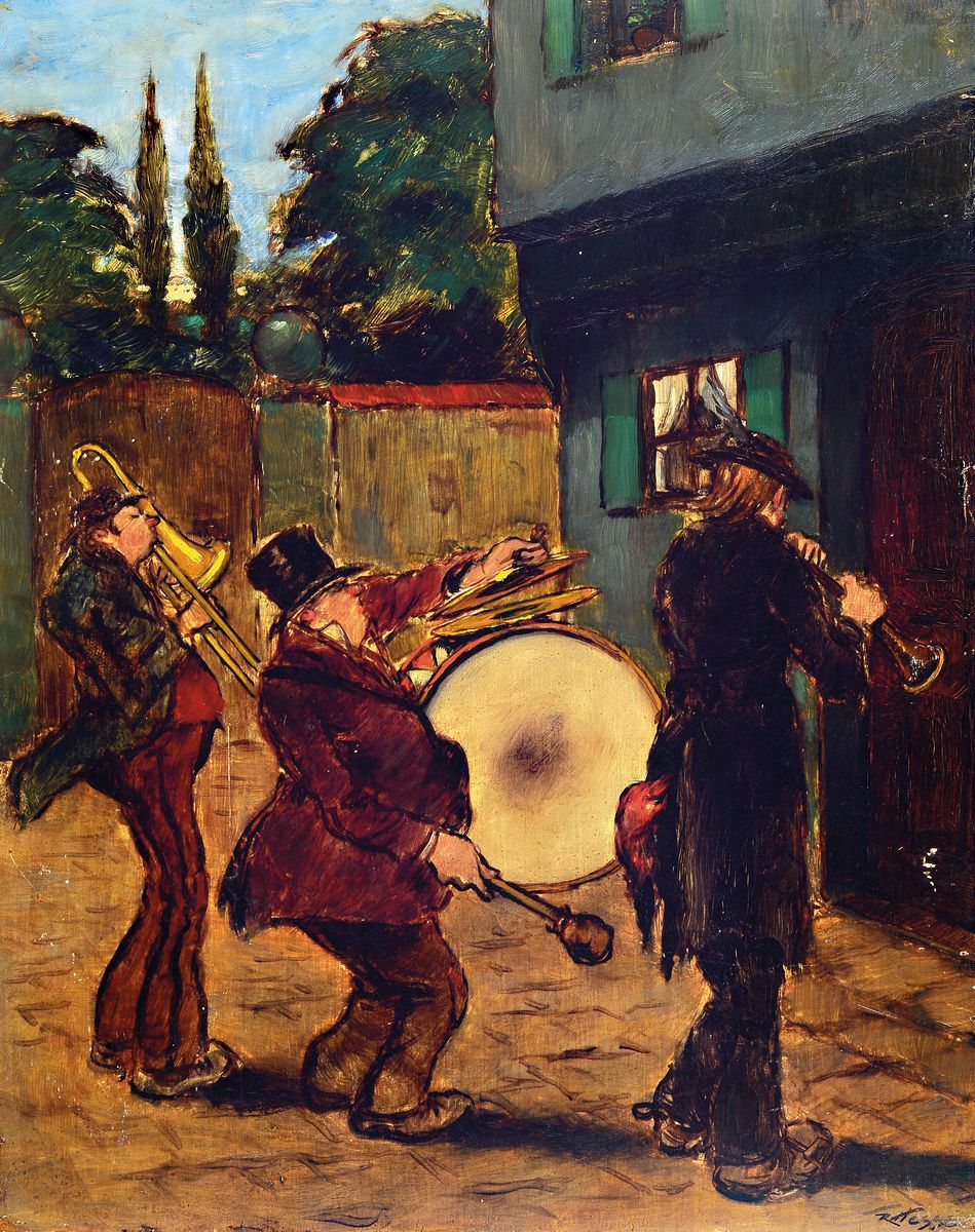 Rudolph Hesse, 1871 Saarlouis-1944 München, zwei Werke, ÖL/Holzplatte, humoristische Darstellungen von Dorfmusikanten , Pauker und Trompeter auf ...
