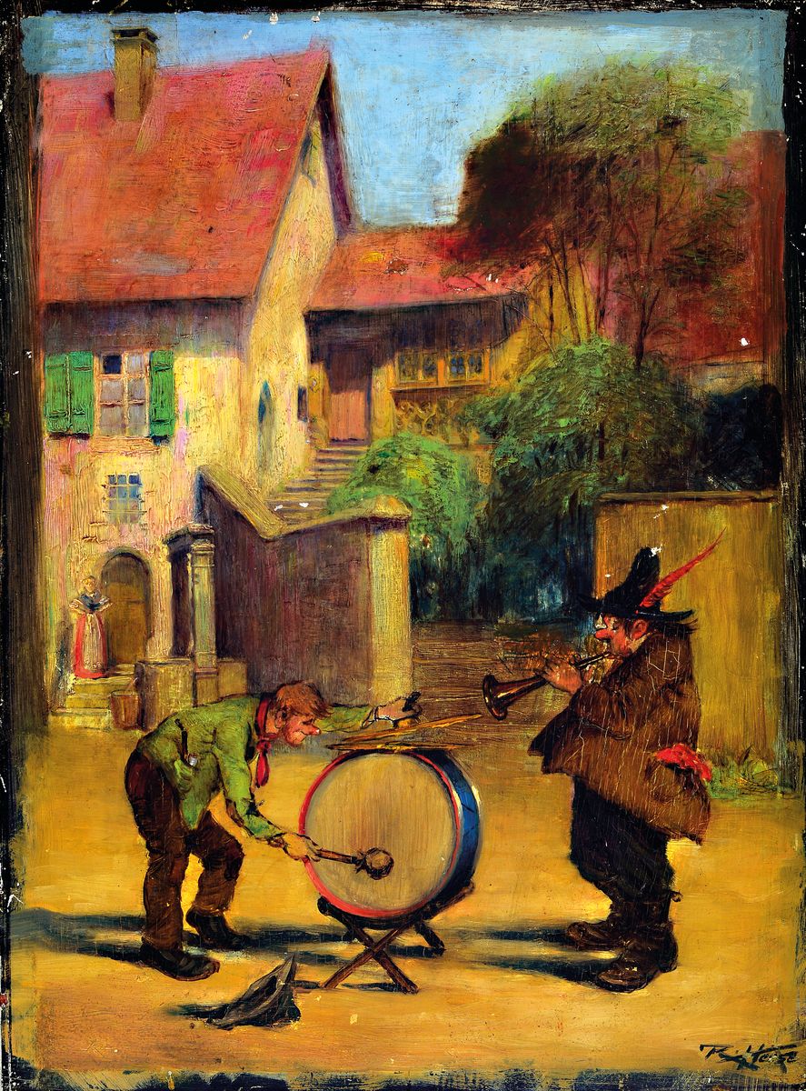 Detail a: Rudolph Hesse, 1871 Saarlouis-1944 München, zwei Werke, ÖL/Holzplatte, humoristische Darstellungen von Dorfmusikanten , Pauker und Trompeter auf ...