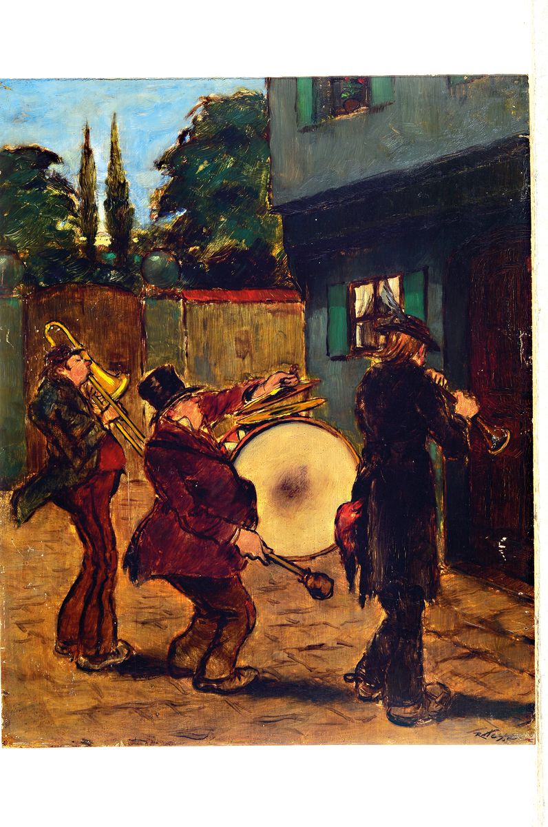Detail k: Rudolph Hesse, 1871 Saarlouis-1944 München, zwei Werke, ÖL/Holzplatte, humoristische Darstellungen von Dorfmusikanten , Pauker und Trompeter auf ...