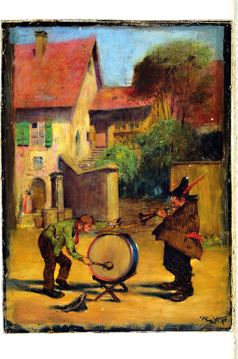 Detail l: Rudolph Hesse, 1871 Saarlouis-1944 München, zwei Werke, ÖL/Holzplatte, humoristische Darstellungen von Dorfmusikanten , Pauker und Trompeter auf ...