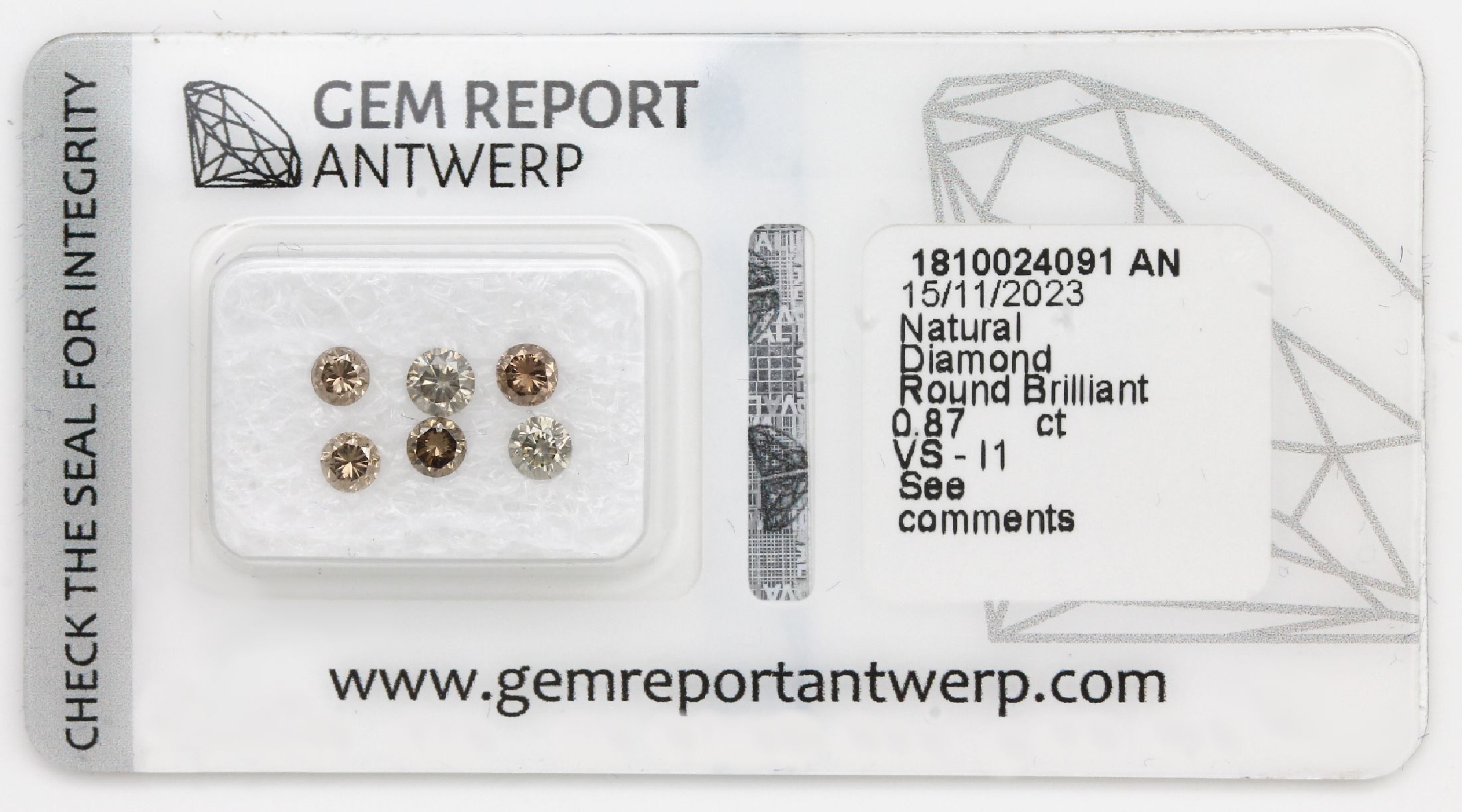 Lot 6 lose Diamanten, zus. 0.87 ct, nat. fancy light to nat. fancy intense Greenish Yellowish Gray/Yellowish Brown/Brownish Yellow/vs p1, ...