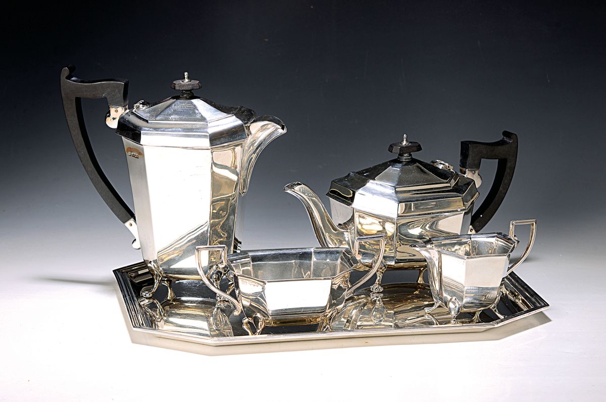 Kaffee- und Teeset, England, Sterling Silber, Empirestil, ebonisierte Griffe, Kaffeekanne, Teekanne, Zuckerschale, Milchkännchen, zus. ca. 1650 g, ...