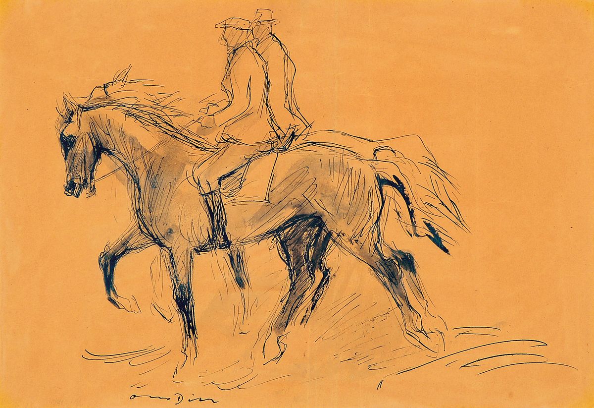 Otto Dill, 1884 Neustadt/Weinstr.-1957 Bad Dürkheim, zwei Reiter mit Pferden, lavierte Tuschfederzeichnung auf Papier (gebräunt), links unten ...