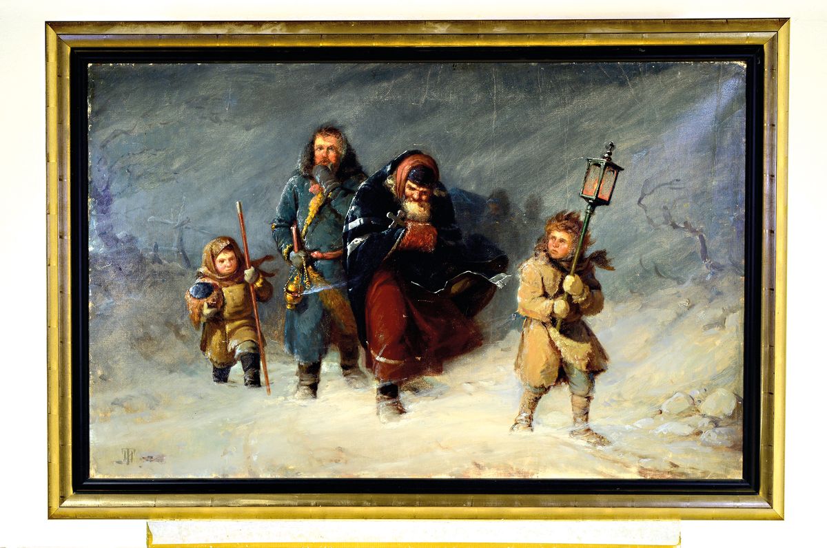 Detail k: Unbekannter Monogrammist, Russland, um 1900, Trauerzug in Wintersturm, Öl/Lwd, links unten monogrammiert kyrillisch, 60x95 cm, Rahmen 73x106 cm