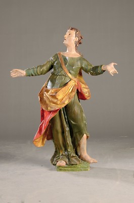 Image 26725021 - Sculpture of St. John, southern German, 2nd half of the 18th century, carved lime wood andpainted in polychrome, surprised expression, height approx. 86cm, rest., frame damaged, signs of age