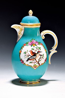 Image 26725022 - Coffee pot, Nymphenburg, 19th century, turquoise background, two reserves decorated with flowers and bird paintings, gold decoration, height approx. 22.5 cm