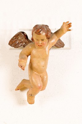 Image 26725040 - Putto, southern German, 2nd half of the 18th century, carved lime wood, polychrome painted,height approx. 43cm, signs of age