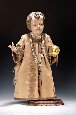 Image 26725049 - Christ child, South German, around 1760-1780, carved lime wood, hollowed, silk dress worn due to age with brocade embroidery, hollowed, height approx. 52cm, traces of age
