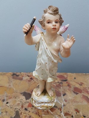 26725062a - Porcelain figure, greeting Cupid, Meissen, around 1900, designed by August Ringler, model no. O 191, thumb missing, gold decoration, height approx. 18cm, painter number 32, restored and one thumb missing, (originally flag in hand), height approx. 17.3 cm