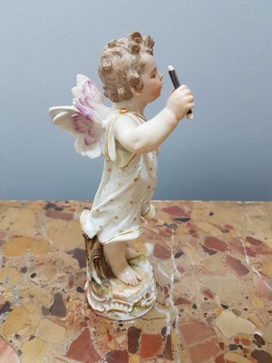 26725062b - Porcelain figure, greeting Cupid, Meissen, around 1900, designed by August Ringler, model no. O 191, thumb missing, gold decoration, height approx. 18cm, painter number 32, restored and one thumb missing, (originally flag in hand), height approx. 17.3 cm