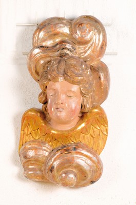 Image 26725069 - Putti head with clouds, South German, 18th century, carved lime wood, polychrome, gold and silver painted, approx. 60x33x15cm, traces of age