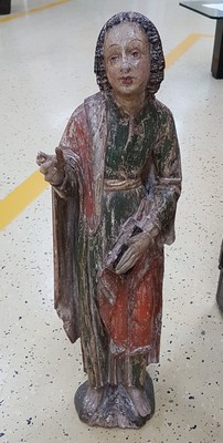 26725070a - Saint sculpture, southern German, 2nd half of the 18th century, carved wood, standing representation with book and gesture of instruction, remains of old version in green and red, curly hair, signs of age, 2 fingers missing, one present, height approx. 74cm