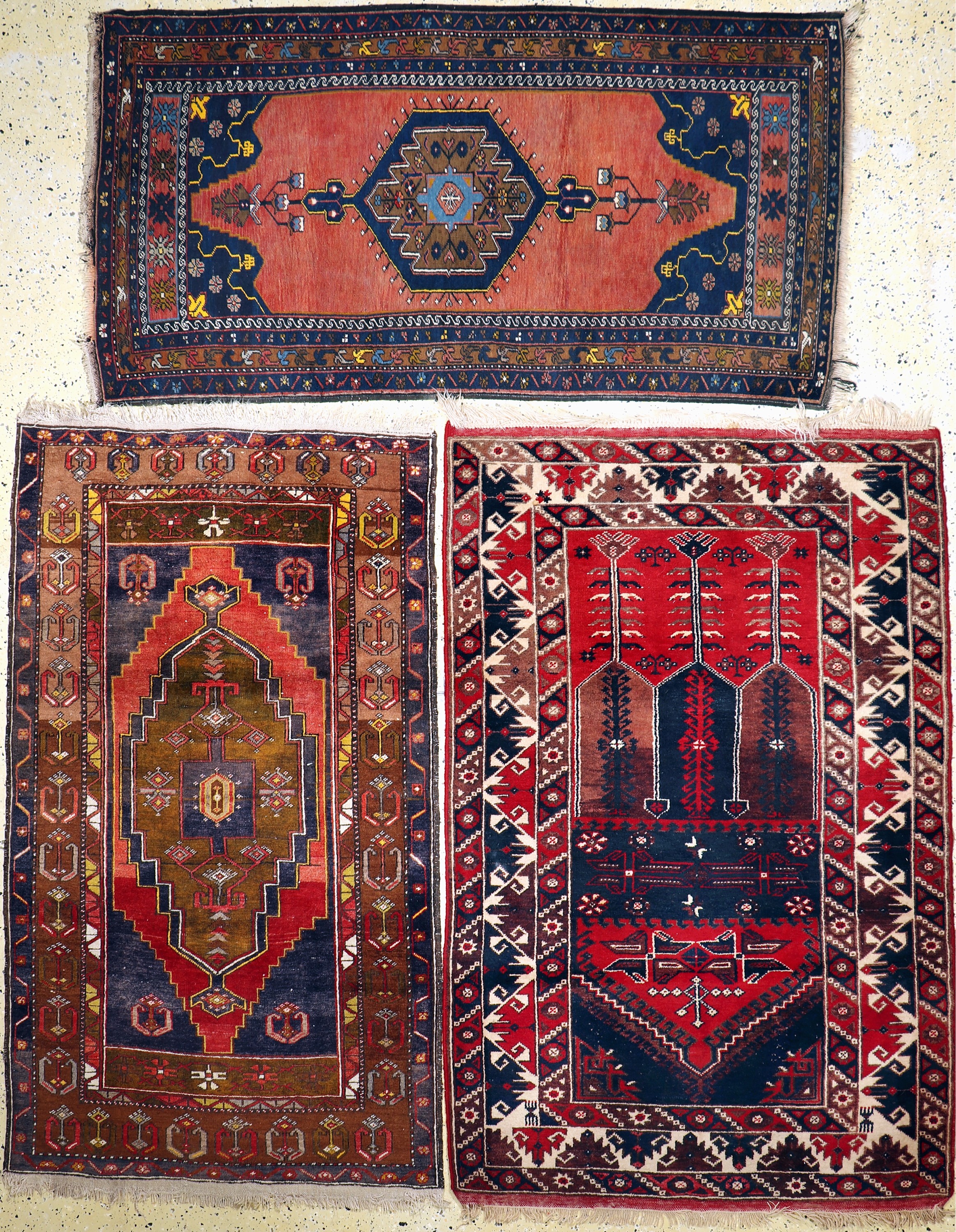 3 Lots Türkische Brücken, ca. 60 Jahre, Wolle auf Wolle, ca. 190 x 130 cm, EHZ: 2-3