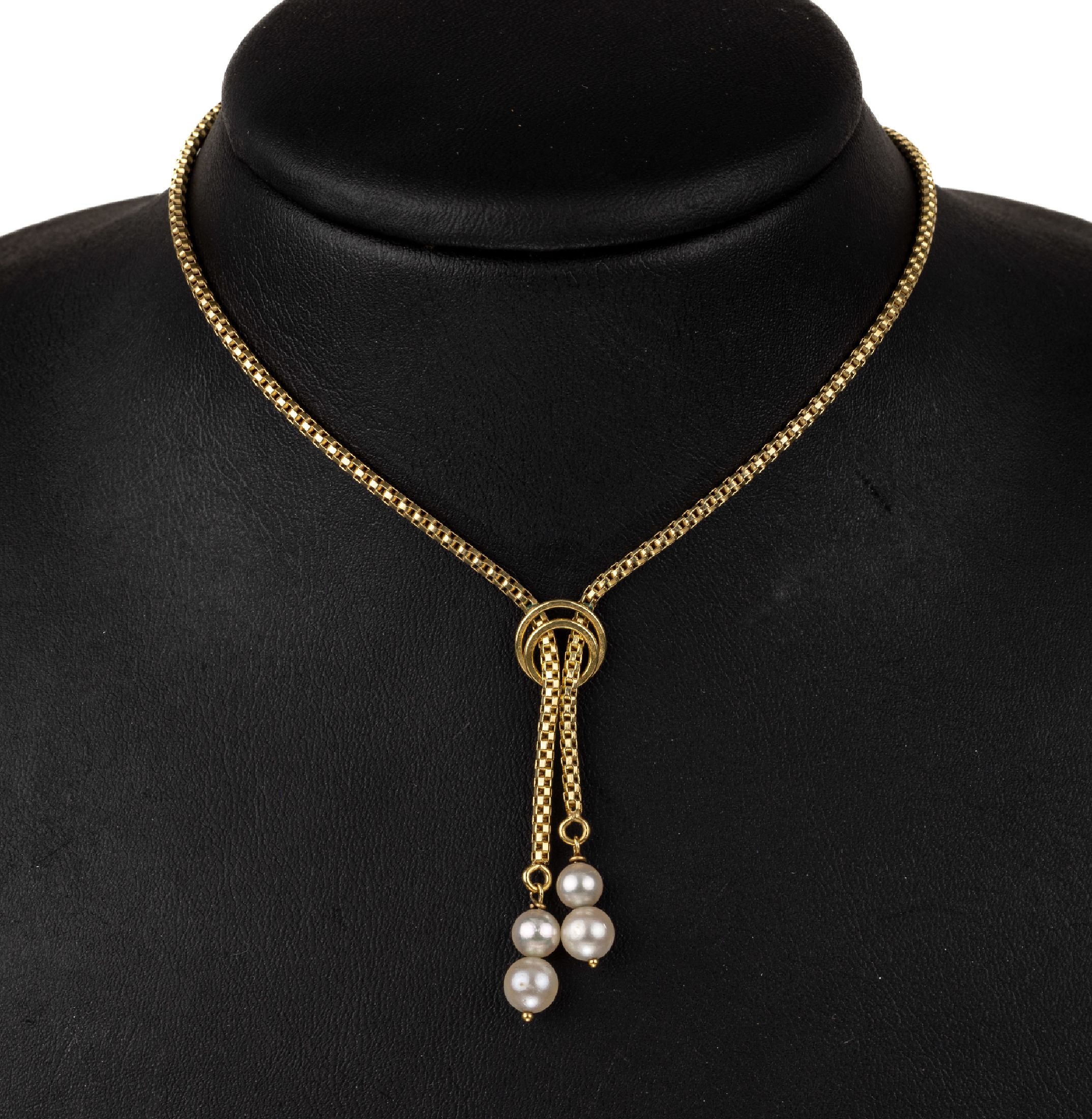 14 kt Gold Zuchtperl-Collier, GG 585/000, Mittelteil mit bewegl. Abhängungen mit 4 Akoyazuchtperlen, D. ca. 5.4-6 mm, L. ca. 45 cm, ...