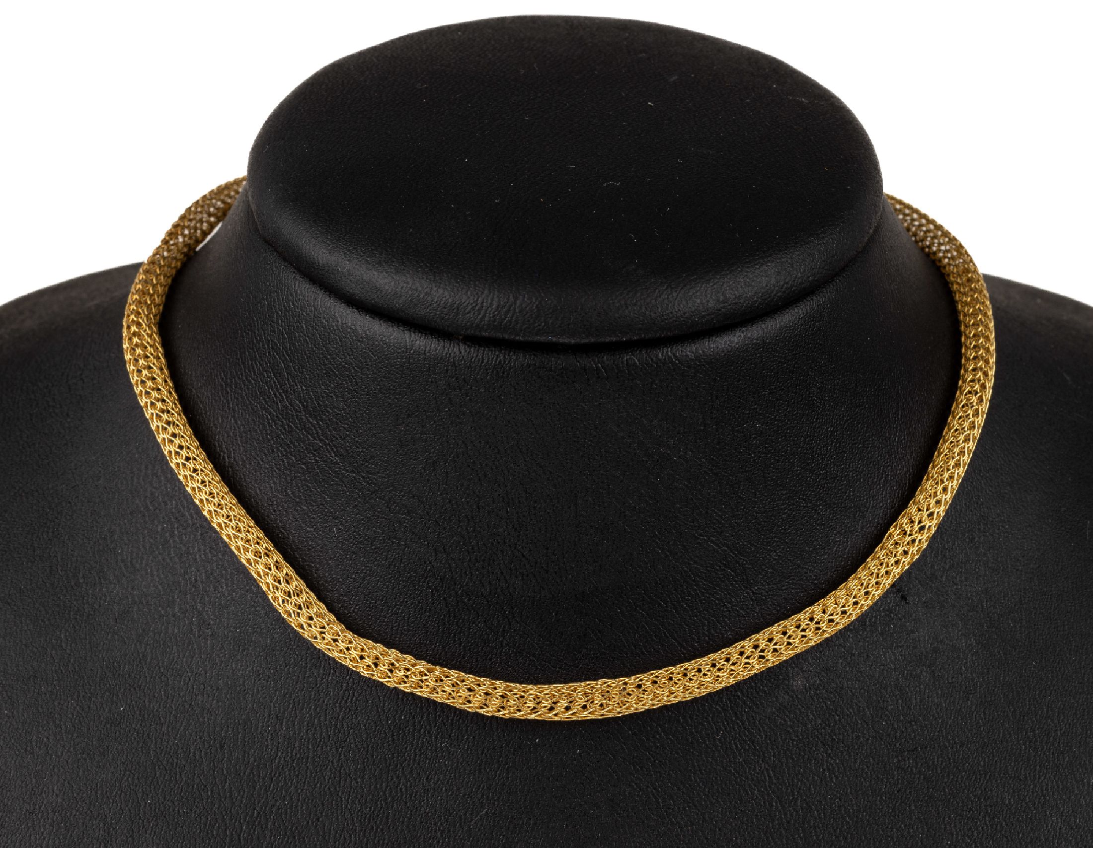 14 kt Gold Strickcollier, GG 585/000, L. ca. 45 cm, ca. 11.4 g, Gebr.-Spuren und Knickstellen, Karabinerschließe