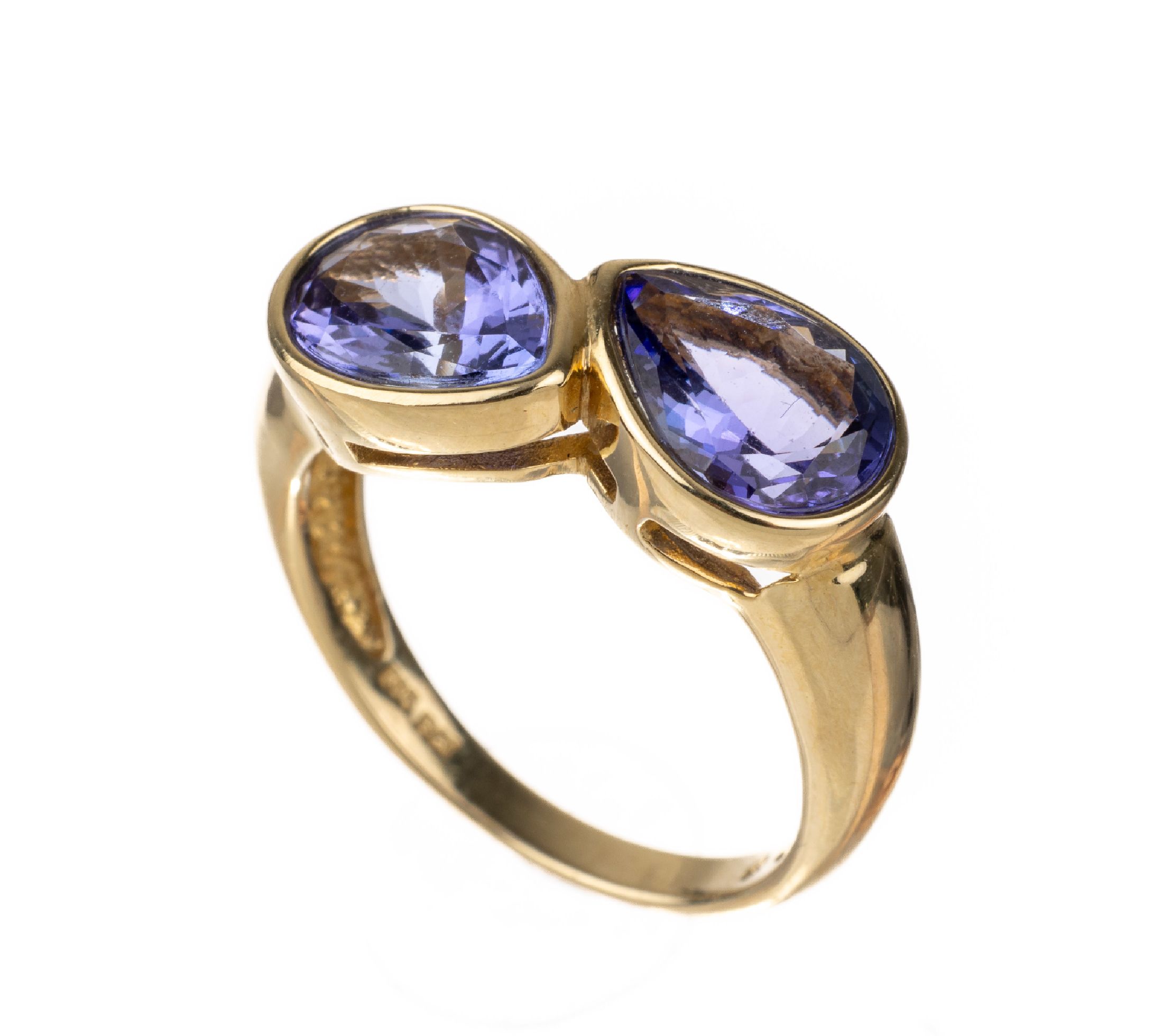 14 kt Gold Tansanit-Ring, GG 585/000, 2 facett. Tansanittropfen, RW 53, ca. 4.1 g