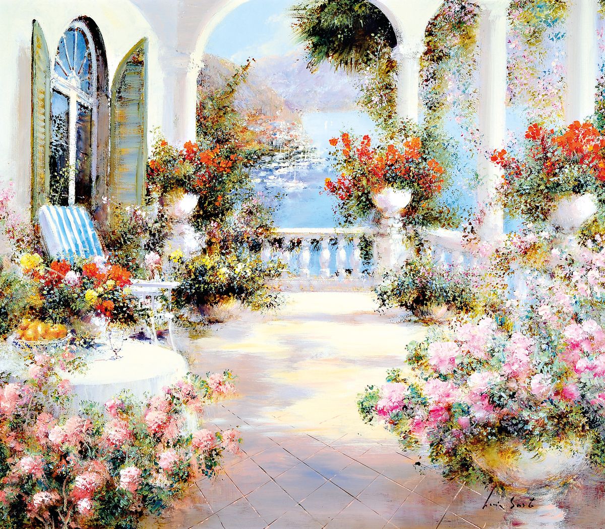 Lucia Sarto, geb. 1950 in Porporette, bei Udine, wirkte in Mailand, Terrasse mit Blick auf den Hafen, Öl/Lwd, signiert, ca. 70 x 80 cm, ...