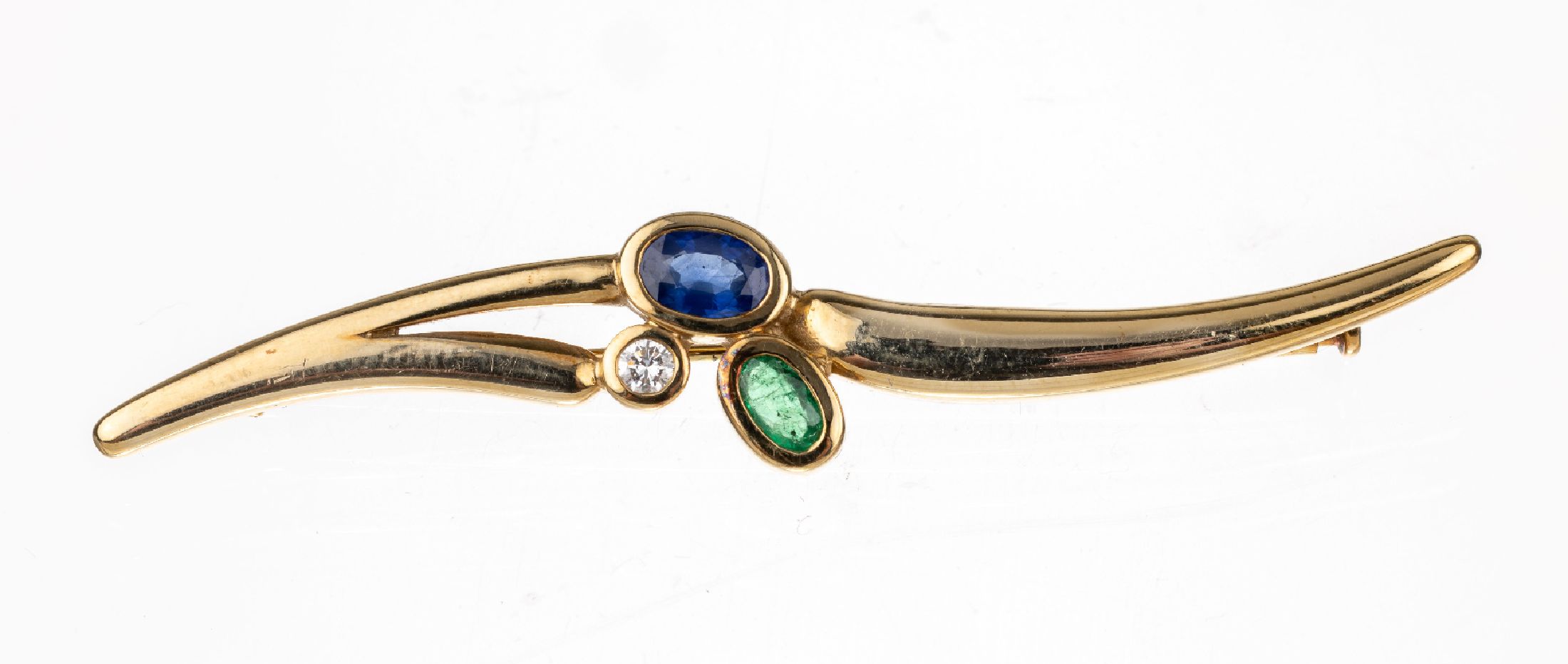 14 kt Gold Farbstein-Brillant-Brosche, GG 585/000, ovalfacett. Saphir und Smaragd, Brillant ca. 0.08 ct Weiß/si, L. ca. 6.5 cm, ca. 8.2 g, ...
