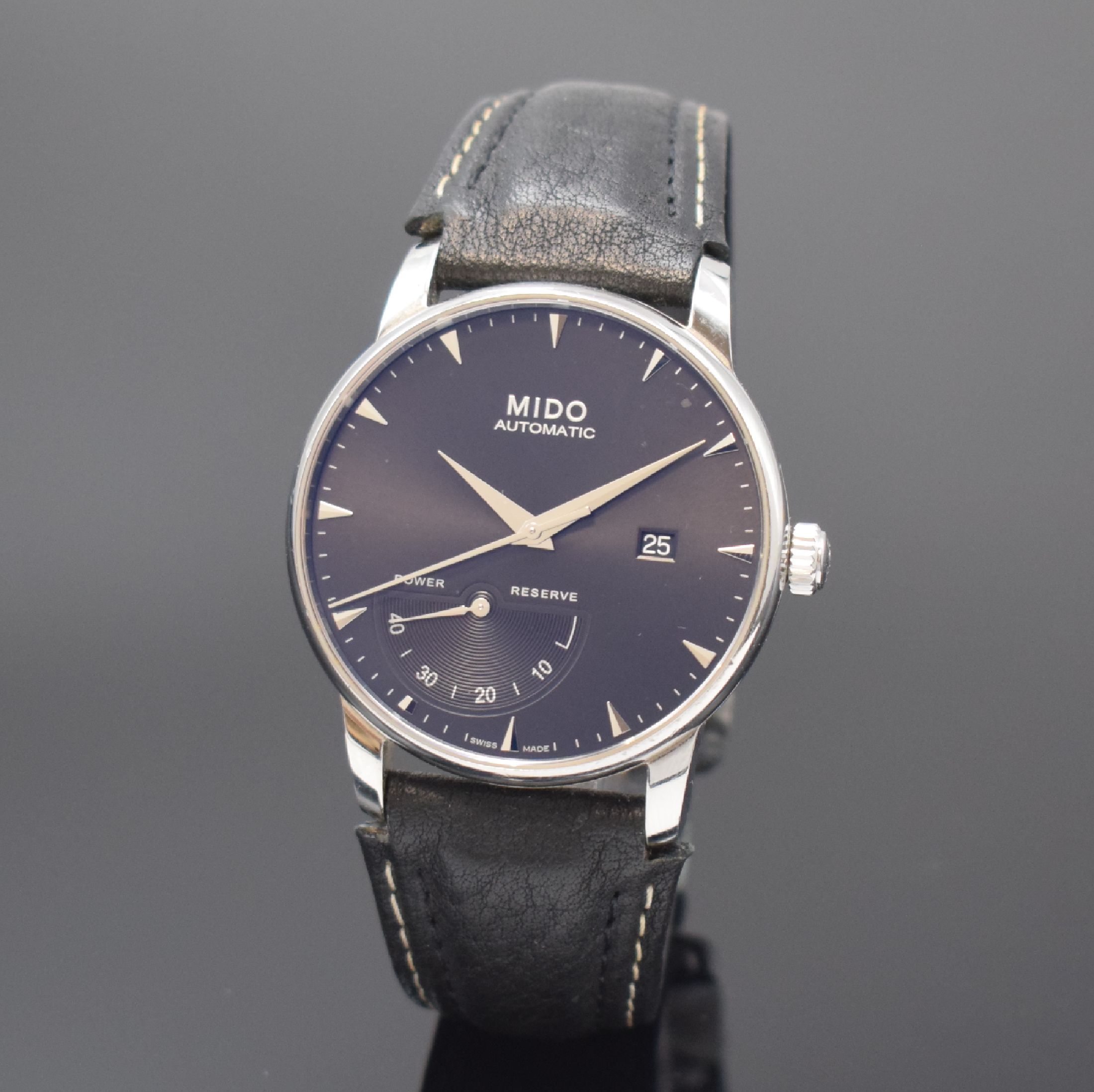 MIDO Baroncelli II Herrenarmbanduhr in Stahl Referenz 8605, Schweiz um 2015, Automatik, beids. vergl. Geh., Boden 4-fach verschr., schwarzes ...