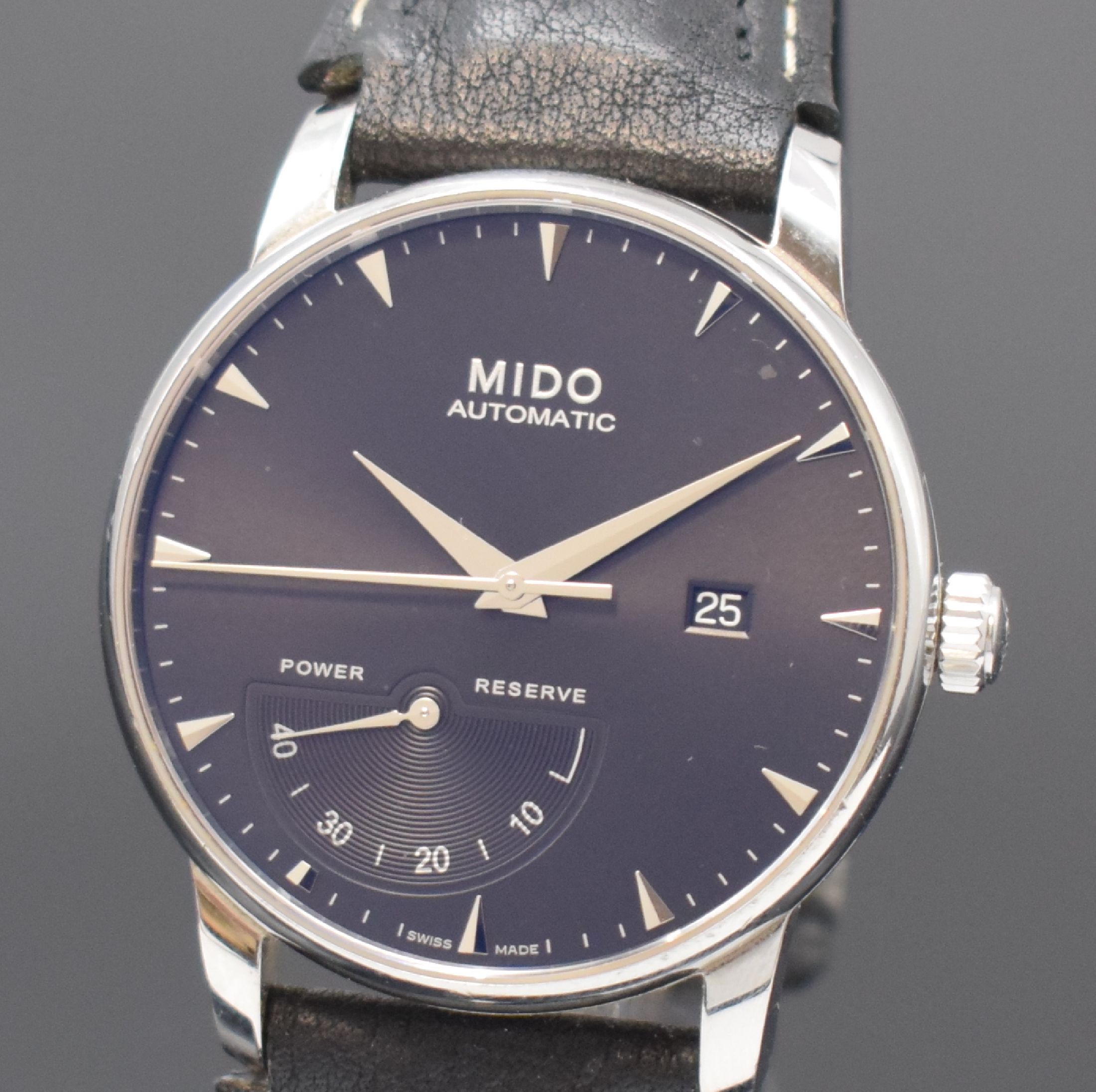 Detail a: MIDO Baroncelli II Herrenarmbanduhr in Stahl Referenz 8605, Schweiz um 2015, Automatik, beids. vergl. Geh., Boden 4-fach verschr., schwarzes ...