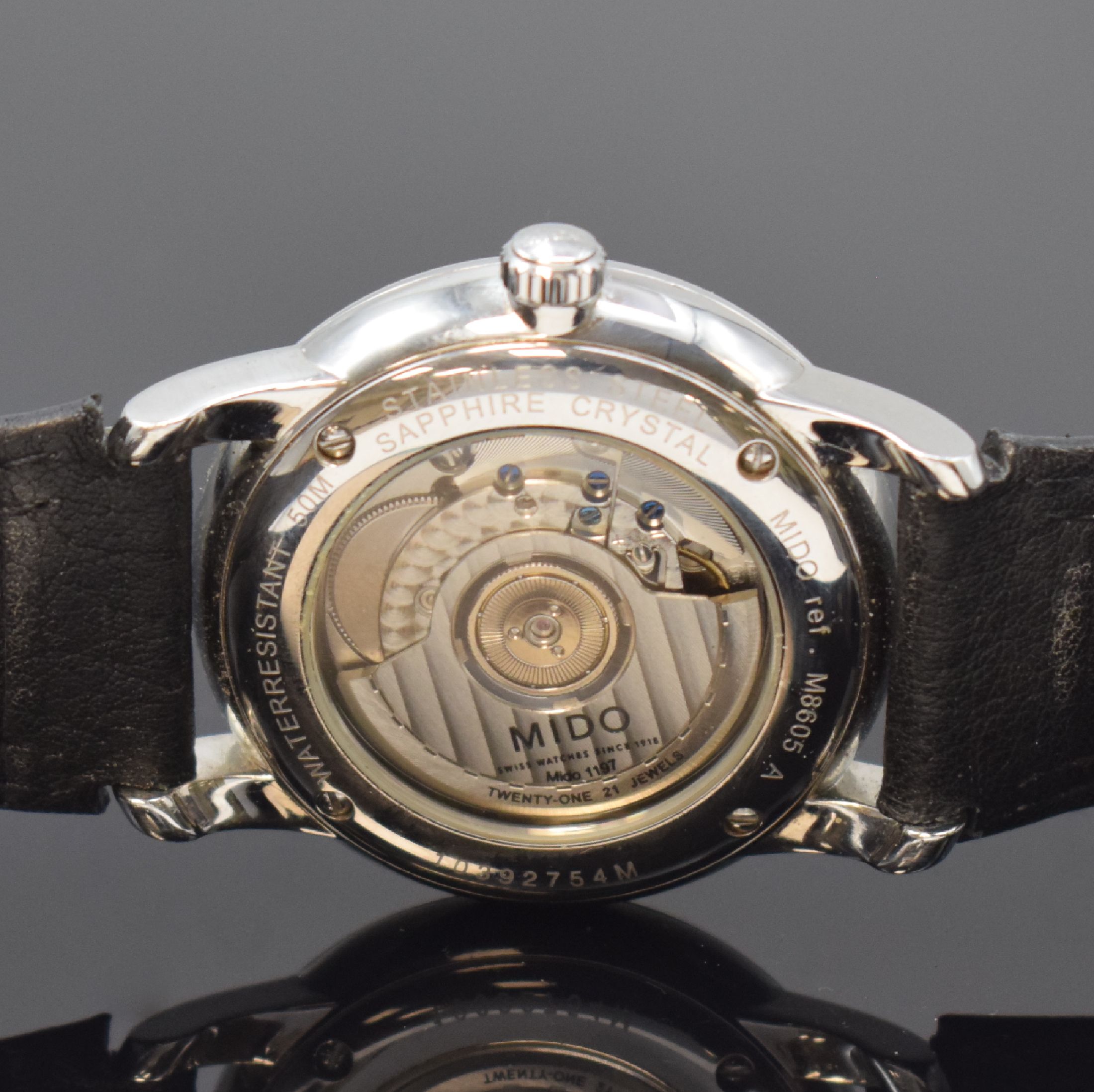 Detail c: MIDO Baroncelli II Herrenarmbanduhr in Stahl Referenz 8605, Schweiz um 2015, Automatik, beids. vergl. Geh., Boden 4-fach verschr., schwarzes ...