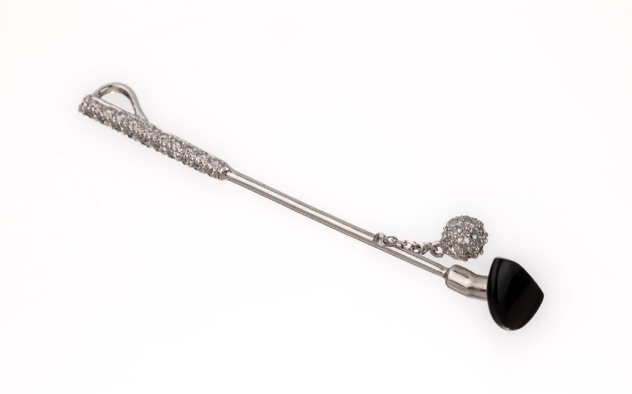 18 kt Gold Brillant Anhänger "Golfschläger", WG 750/000, Schlägerkopf Onyx, Griff und bewegl. Golfball bes. mit ca. 50 Brillanten zus. ...