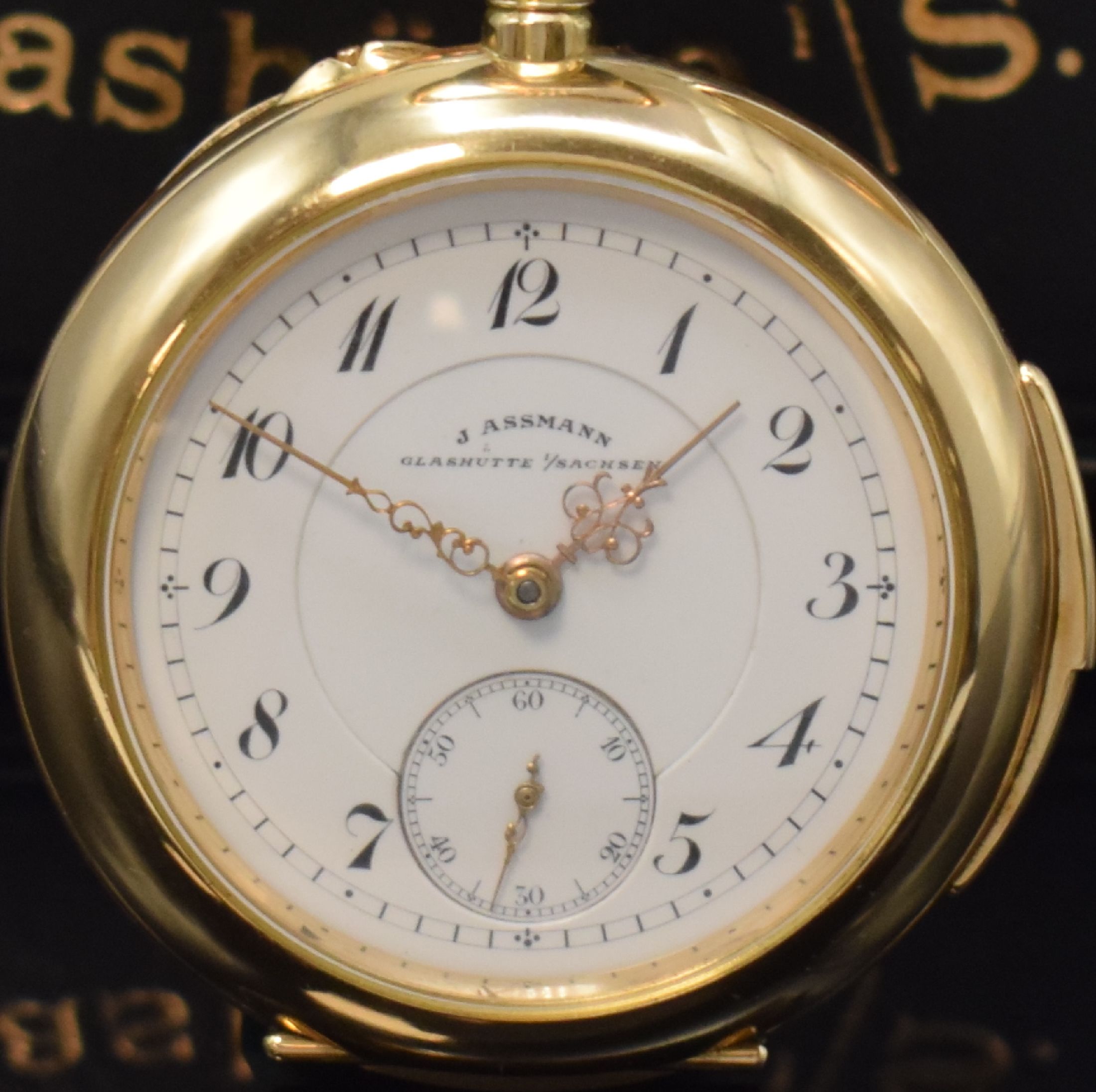 Detail a: J. ASSMANN Glashütte offene Taschenuhr mit Minutenrepetition im neutralen GG 750/000 Gehäuse, Deutschland um 1890/1980, glattes, sehr schweres Geh. ...