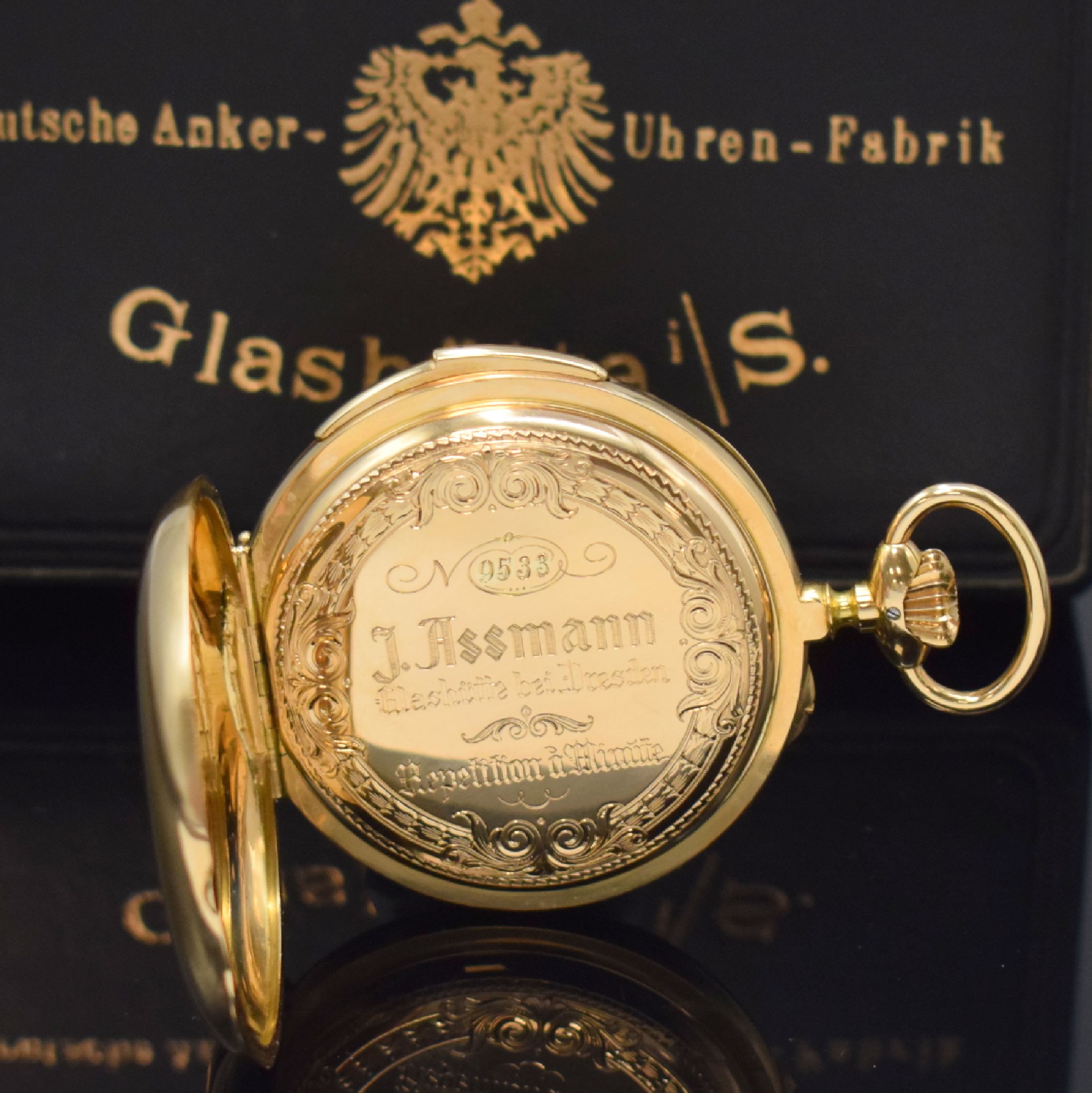 Detail c: J. ASSMANN Glashütte offene Taschenuhr mit Minutenrepetition im neutralen GG 750/000 Gehäuse, Deutschland um 1890/1980, glattes, sehr schweres Geh. ...