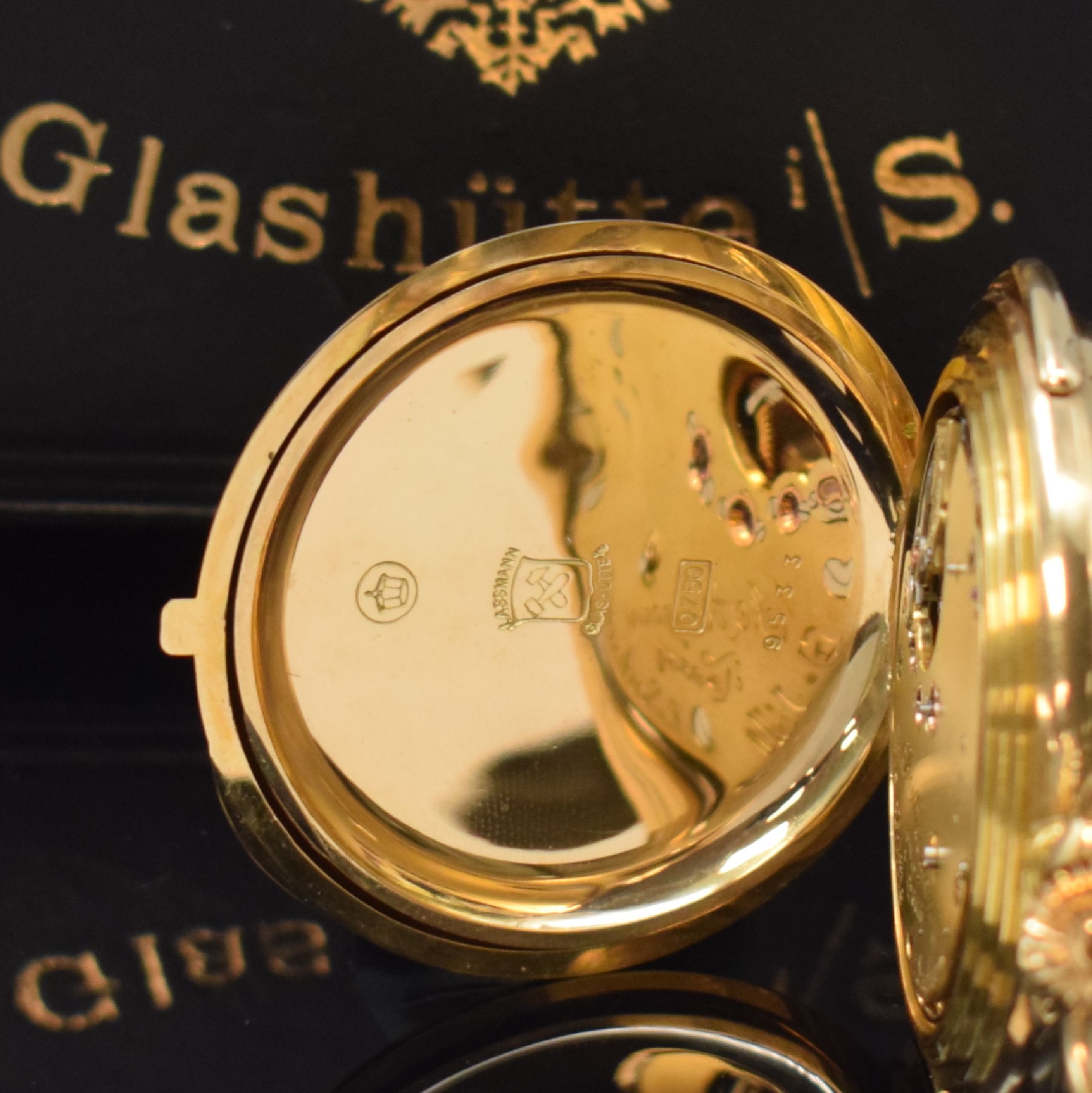 Detail d: J. ASSMANN Glashütte offene Taschenuhr mit Minutenrepetition im neutralen GG 750/000 Gehäuse, Deutschland um 1890/1980, glattes, sehr schweres Geh. ...