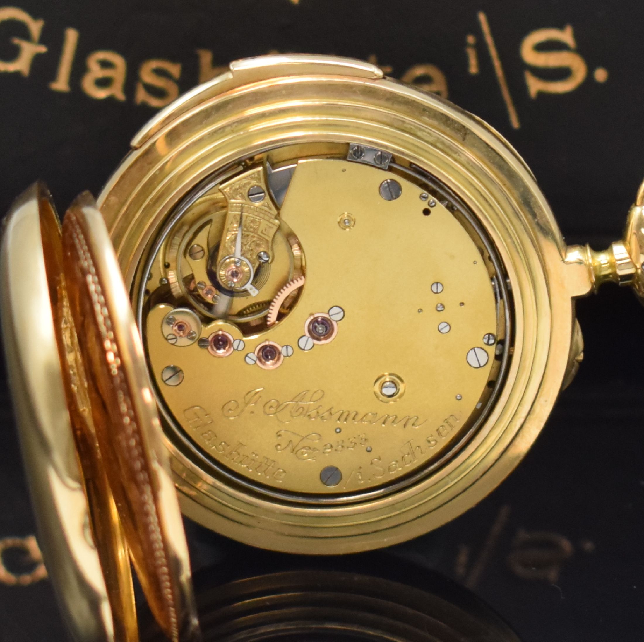 Detail e: J. ASSMANN Glashütte offene Taschenuhr mit Minutenrepetition im neutralen GG 750/000 Gehäuse, Deutschland um 1890/1980, glattes, sehr schweres Geh. ...