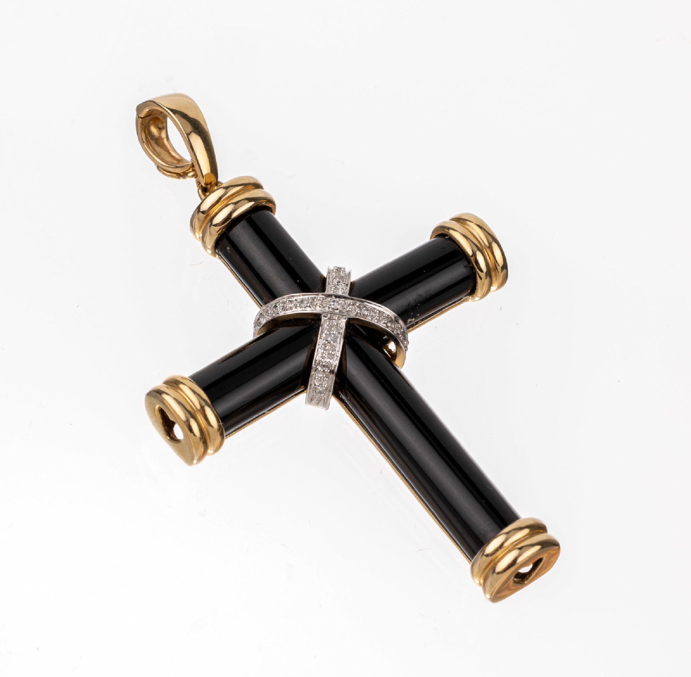 14 kt Gold Diamant-Onyx-Kreuzanhänger, GG/WG 585/000, 13 in WG gefasste Diamanten zus. ca. 0.07 ct Weiß-l. get. Weiß/p1, Onyx poliert, ...