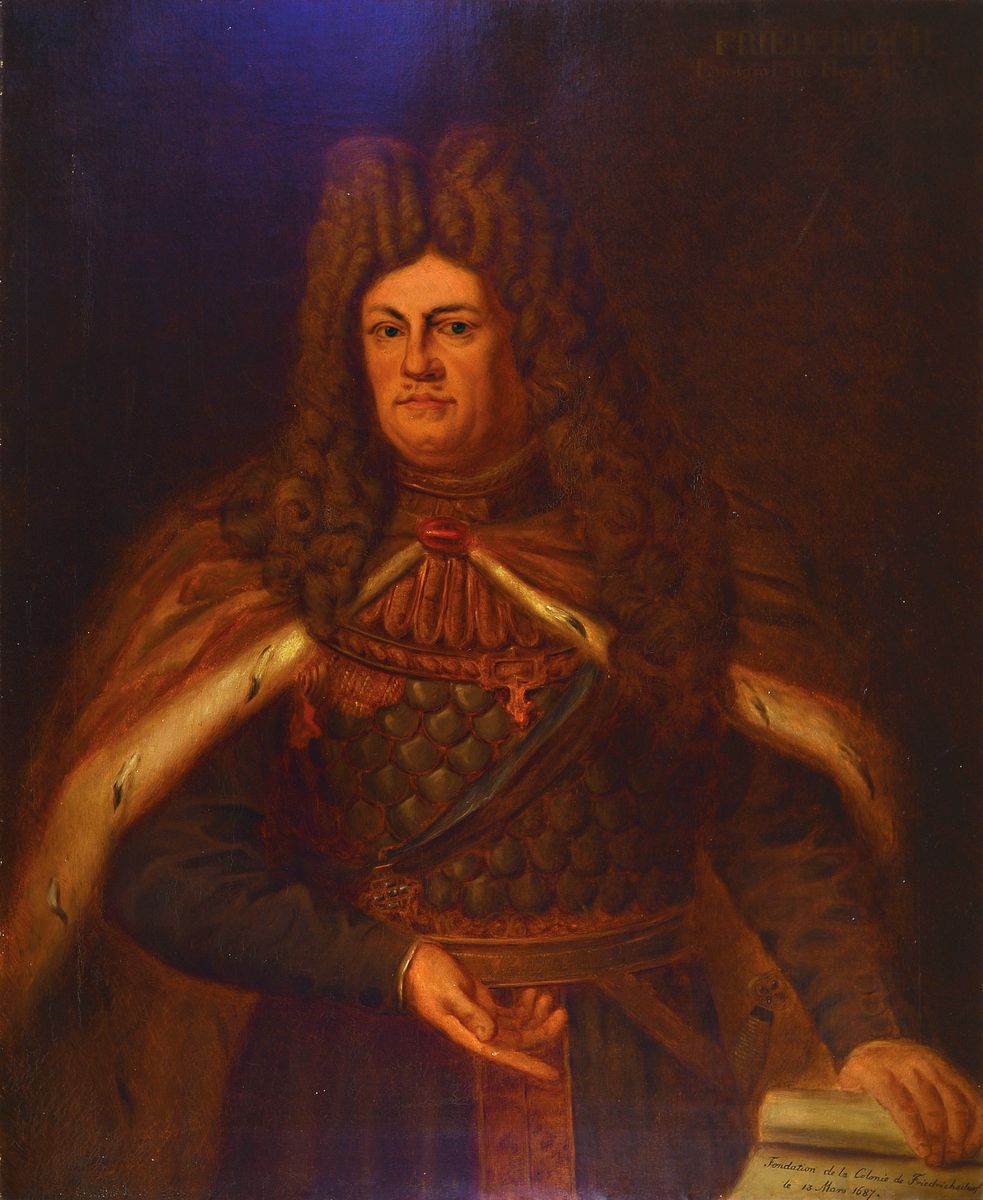 Porträtist um 1900, Porträt des Friederich II Landgraf von Hessen mit der Gründungsurkunde: Fondation de la Colonie de Friedrichsdorf le 13 Mars ...
