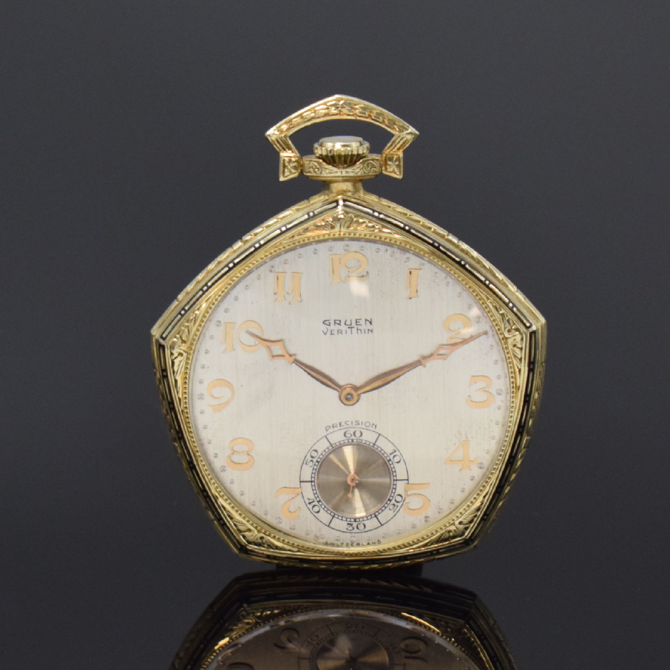 GRUEN VeriThin hochwertige 5-eckige Taschenuhr in GG 585/000, Schweiz / USA um 1935, 3- teil. Geh., Boden u. Glasrand aufgedr., tief- grav. Rand ...