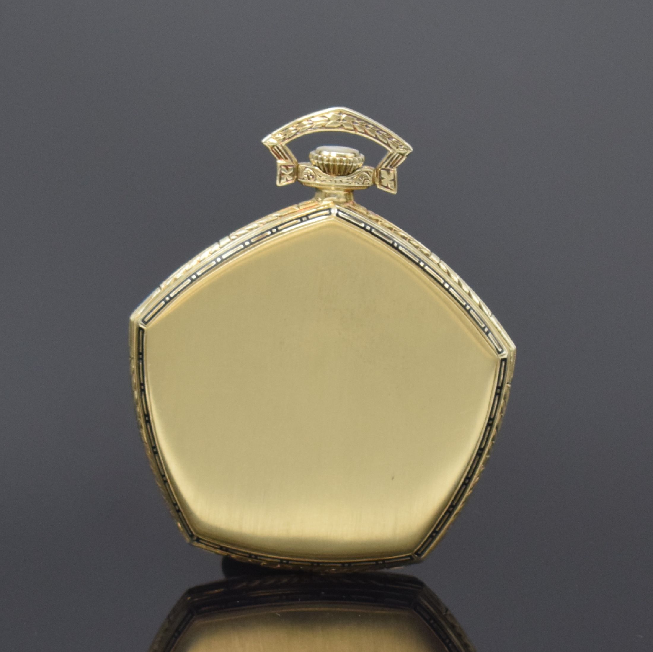 Detail a: GRUEN VeriThin hochwertige 5-eckige Taschenuhr in GG 585/000, Schweiz / USA um 1935, 3- teil. Geh., Boden u. Glasrand aufgedr., tief- grav. Rand ...